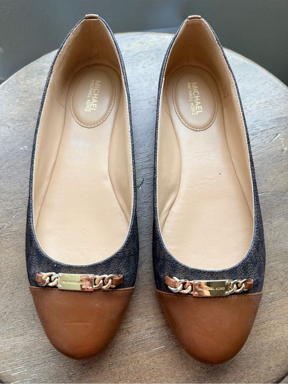 Michael Kors Tan Leather & Navy Denim Chain-Trim Ballet Flats